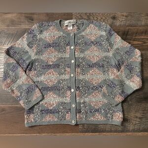 VTG The Peruvian Connection Women Sz Large Tweed Cardigan Jacket Ice Blue Knit‎